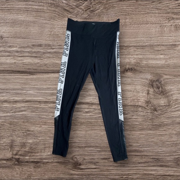 PINK Victoria's Secret Athletic Black Leggings w White Logo Mesh Accent on Legs - Picture 2 of 6